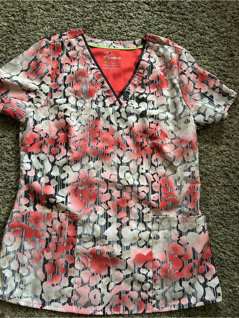 Premier by Healing Hands Coral/Black/grey/white V-Neck Scrub Top